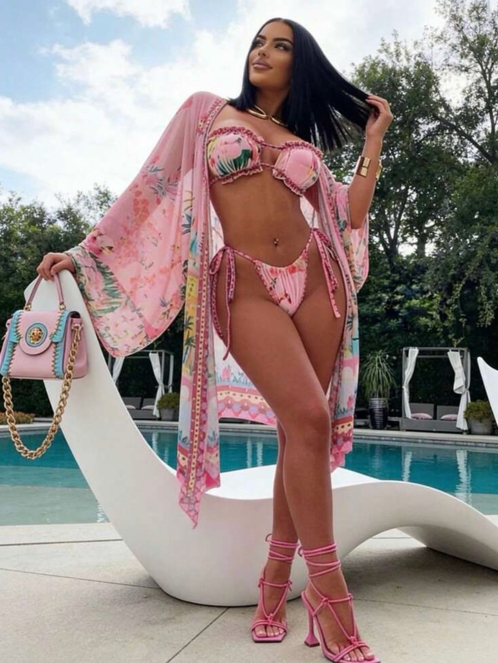 Women’s Pink Floral String Bikini with Sheer Cover-Up Kimono 3 Piece